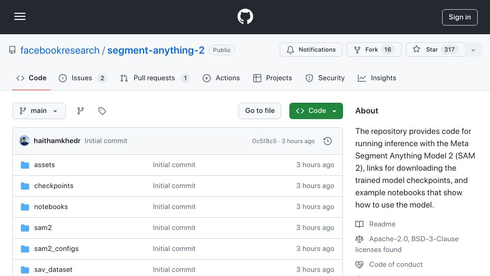 Screenshot of github.com: SAM 2: Segment Anything in Images and Videos