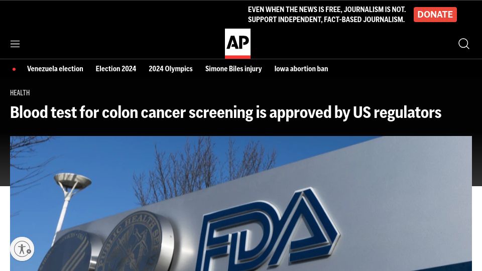 Screenshot of apnews.com: Blood test for colon cancer screening approved by US regulators