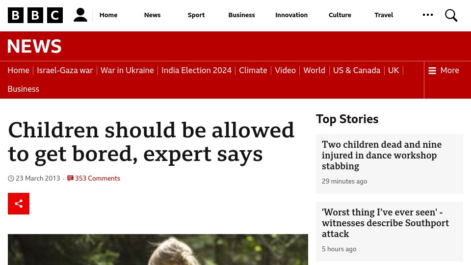 Screenshot of bbc.com: Children should be allowed to get bored (2013)