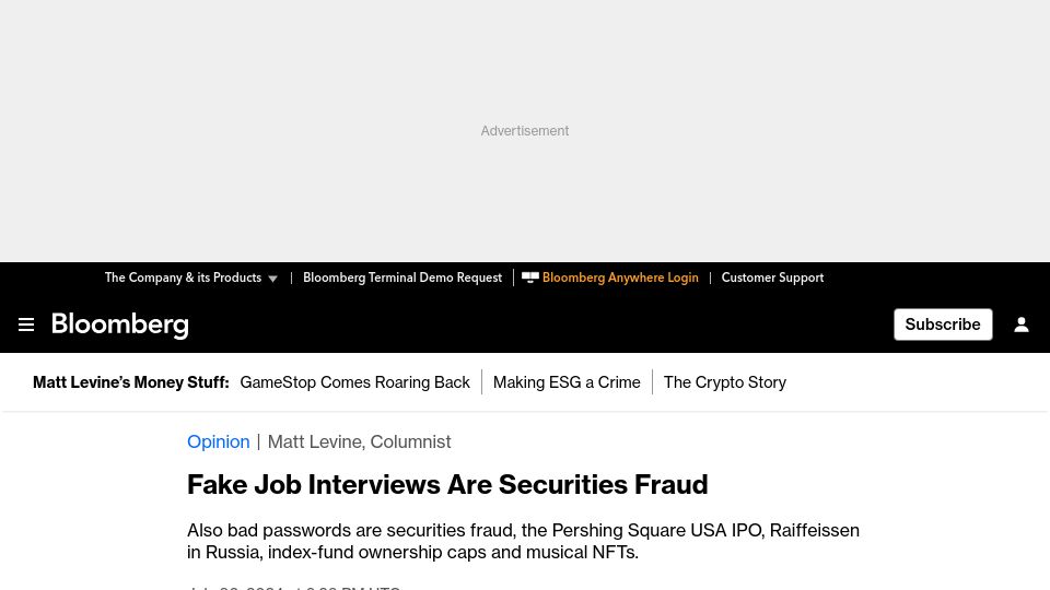 Screenshot of bloomberg.com: Fake job interviews are securities fraud