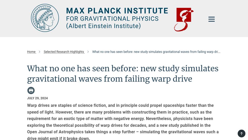 Screenshot of aei.mpg.de: New study simulates gravitational waves from failing warp drive