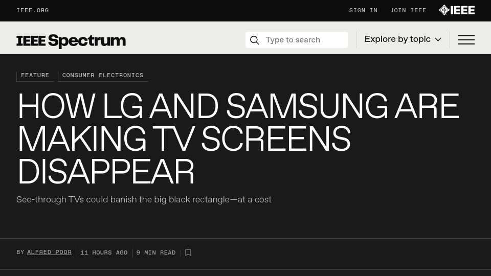Screenshot of spectrum.ieee.org: LG and Samsung are making TV screens disappear