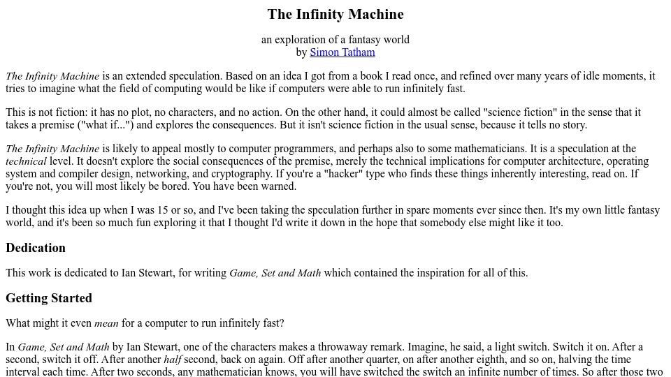 Screenshot of chiark.greenend.org.uk: The Infinity Machine