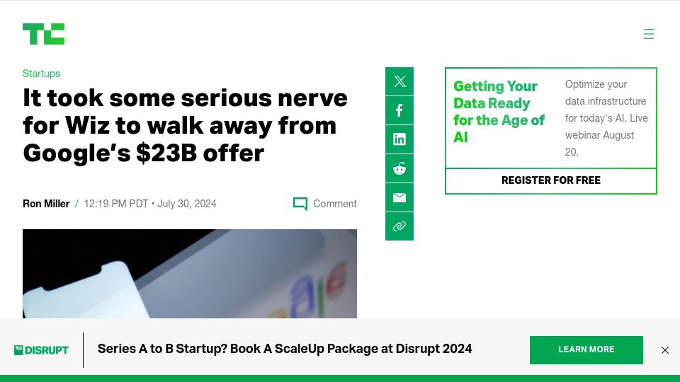 Screenshot of techcrunch.com: It took some serious nerve for Wiz to walk away from Google's $23B offer