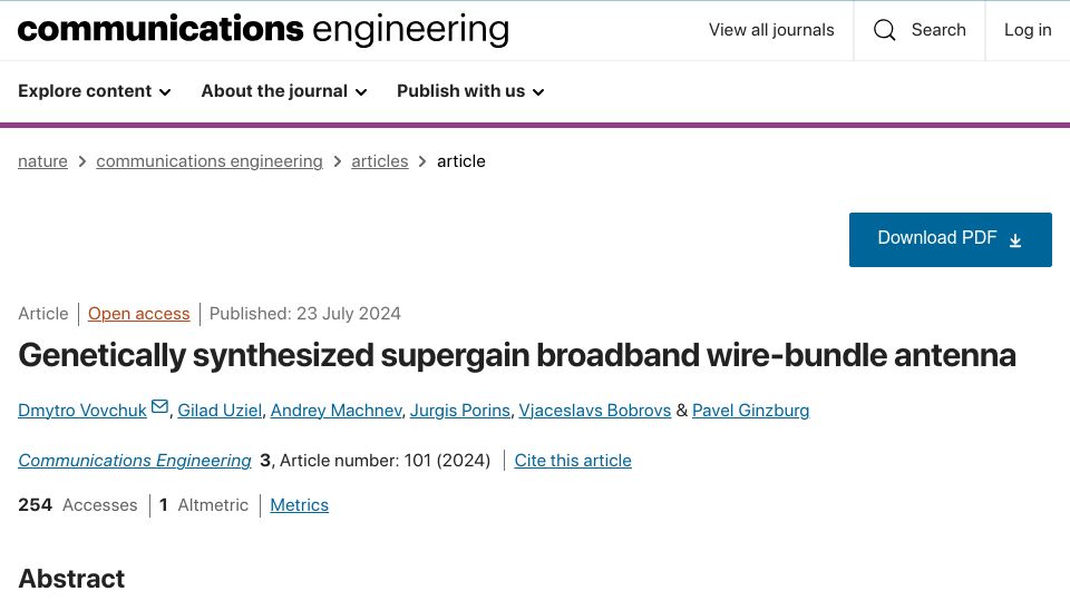 Screenshot of nature.com: Genetically synthesized supergain broadband wire-bundle antenna