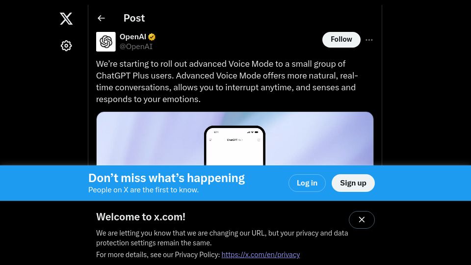 Screenshot of twitter.com: OpenAI starts rolling out new voice mode