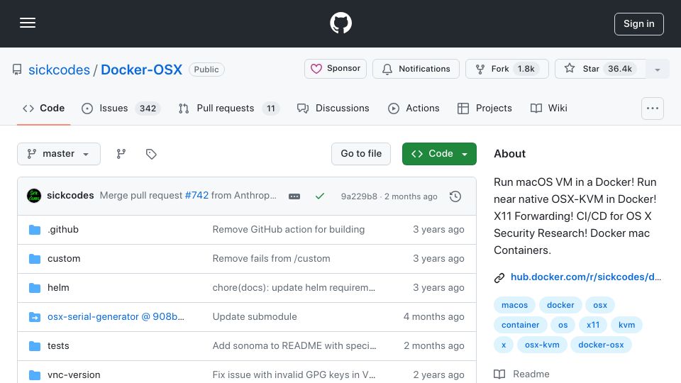 Screenshot of github.com: macOS in QEMU in Docker