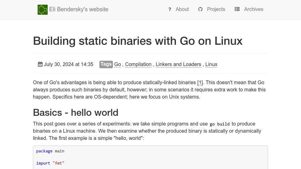 Screenshot of eli.thegreenplace.net: Building static binaries with Go on Linux
