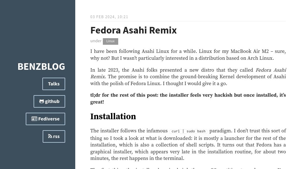 Screenshot of bentsukun.ch: Fedora Asahi Remix