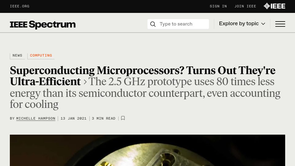 Screenshot of spectrum.ieee.org: Superconducting Microprocessors? Turns Out They're Ultra-Efficient (2021)