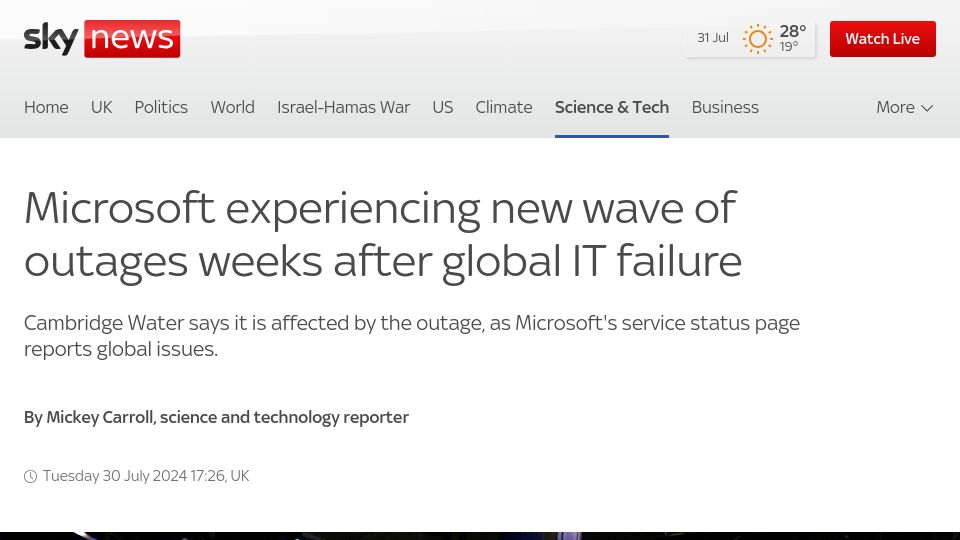 Screenshot of news.sky.com: Microsoft experiencing new wave of outages weeks after global IT failure