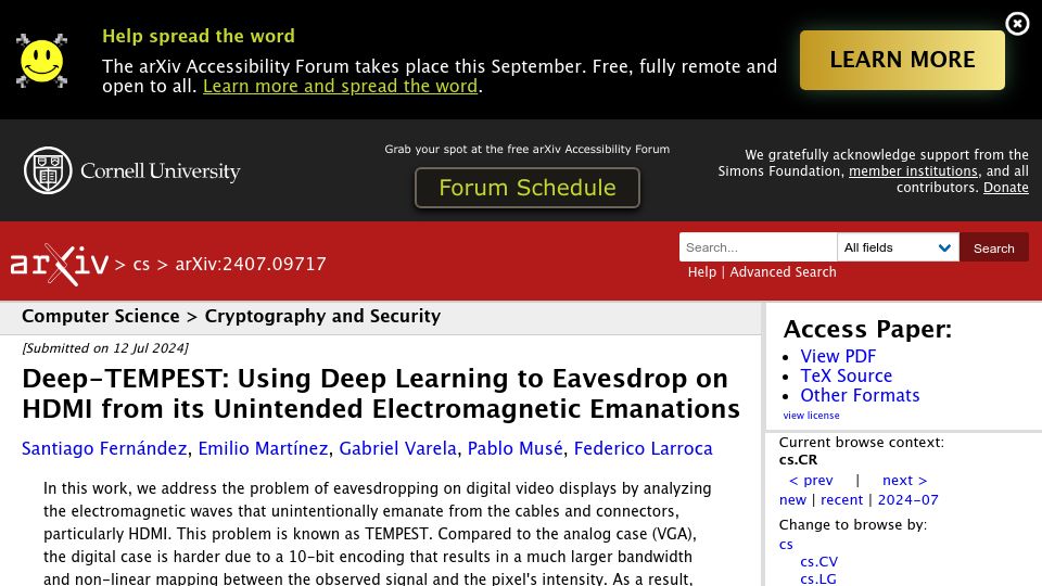 Screenshot of arxiv.org: Deep-Tempest: Using Deep Learning to Eavesdrop on HDMI