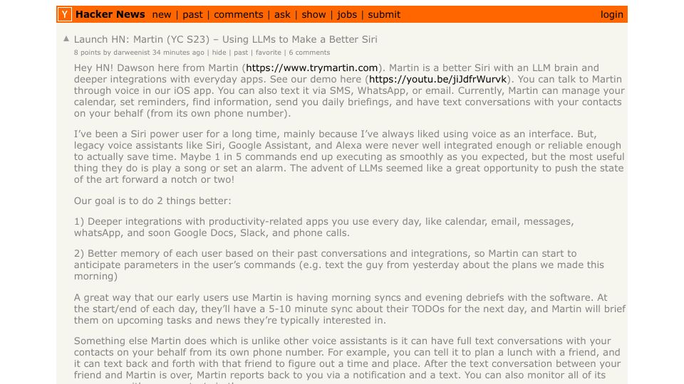 Screenshot of Hacker News post: Launch HN: Martin (YC S23) – Using LLMs to Make a Better Siri