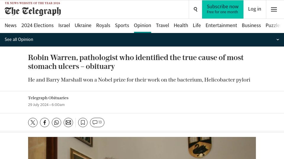 Screenshot of telegraph.co.uk: Robin Warren Has Died