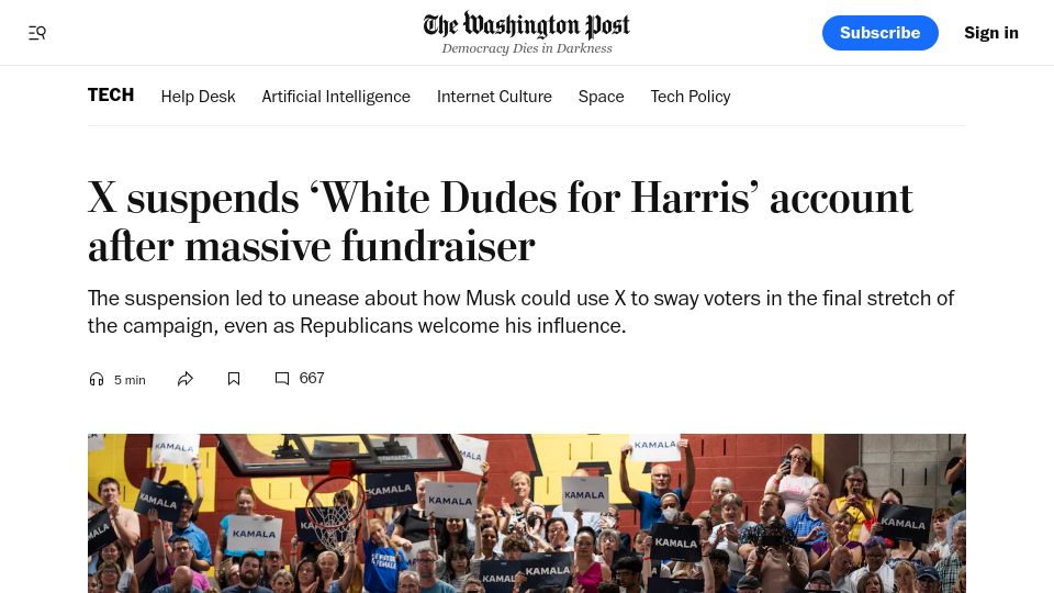 Screenshot of washingtonpost.com: X suspends 'White Dudes for Harris' account after fundraiser
