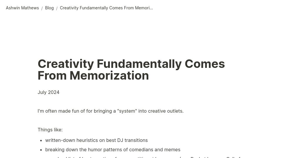 Screenshot of shwin.co: Creativity fundamentally comes from memorization?