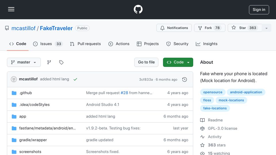 Screenshot of github.com: FakeTraveler: Fake where your phone is located (Mock location for Android)
