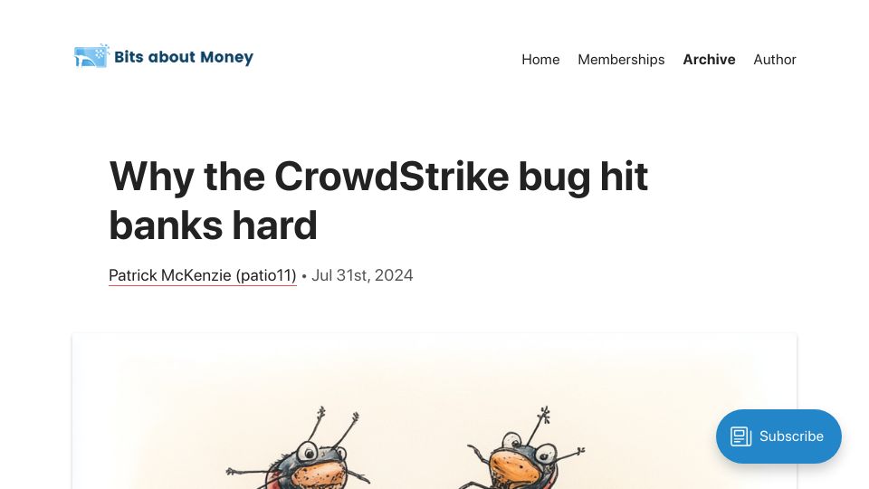 Screenshot of bitsaboutmoney.com: Why the CrowdStrike bug hit banks hard