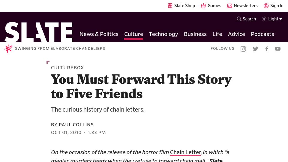 Screenshot of slate.com: The curious history of chain letters (2010)