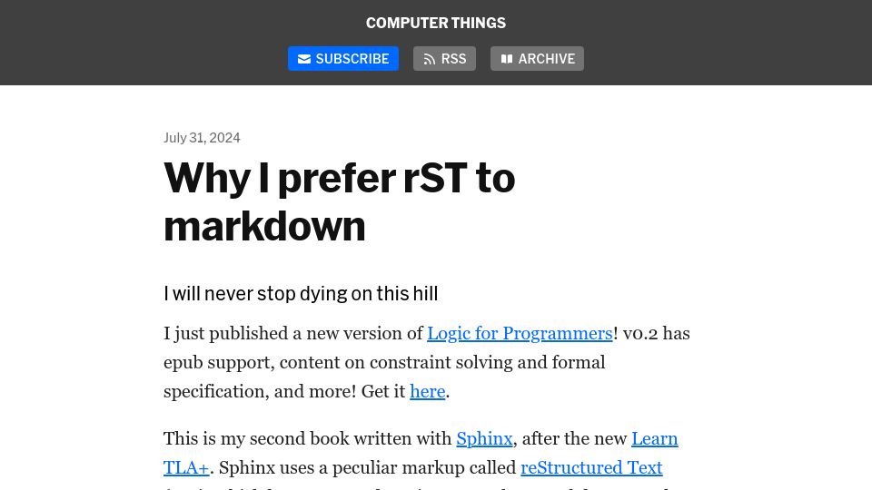 Screenshot of buttondown.email: I prefer rST to Markdown