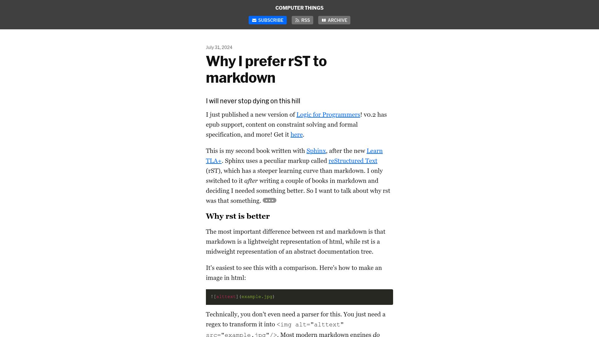 Screenshot of buttondown.email: I prefer rST to Markdown
