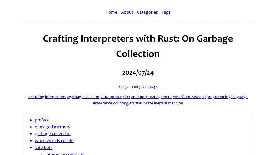 Screenshot of tunglevo.com: Crafting Interpreters with Rust: On Garbage Collection