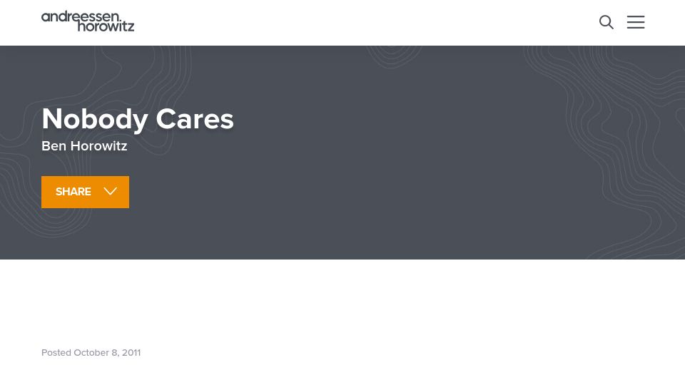 Screenshot of a16z.com: Nobody Cares (2011)