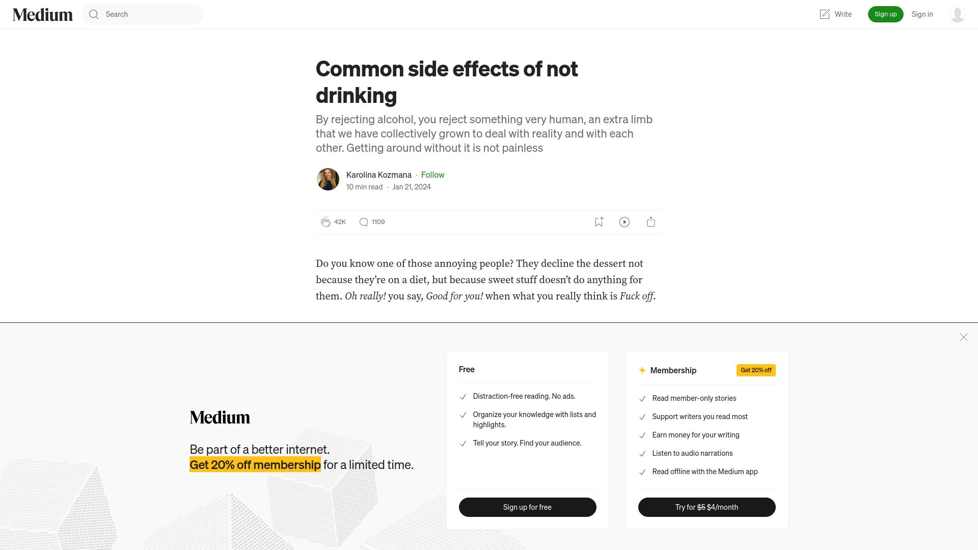 Screenshot of medium.com: Common side effects of not drinking