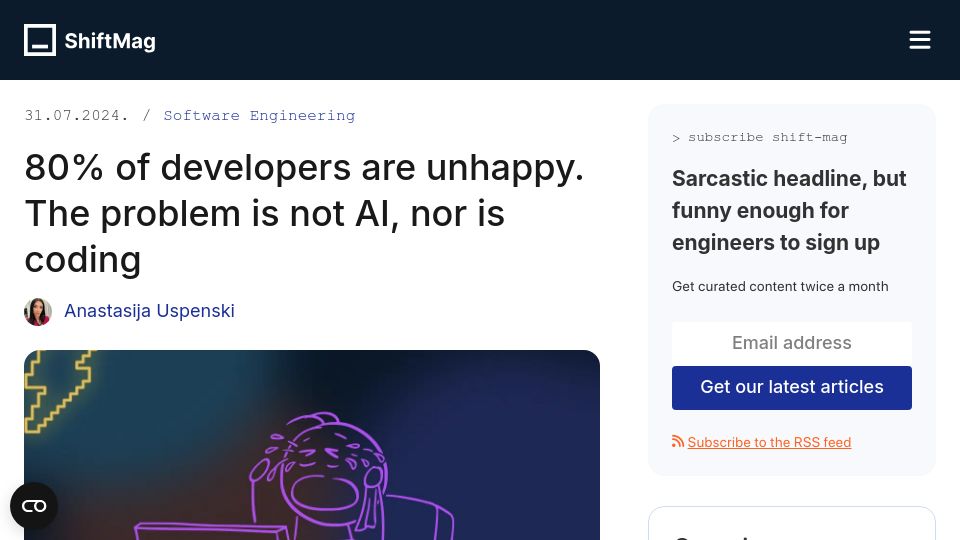 Screenshot of shiftmag.dev: 80% of developers are unhappy. The problem is not AI, nor is coding