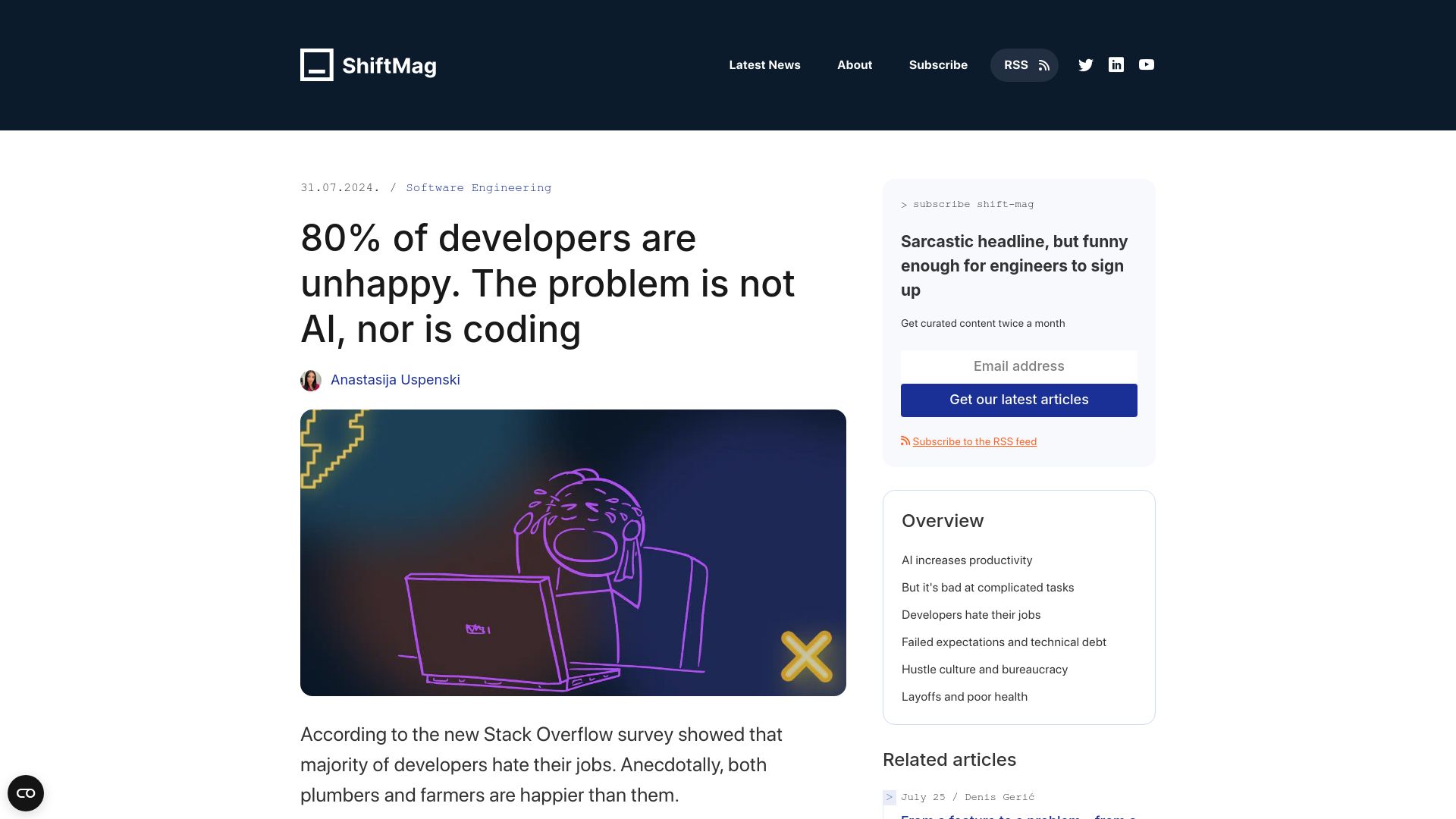Screenshot of shiftmag.dev: 80% of developers are unhappy. The problem is not AI, nor is coding