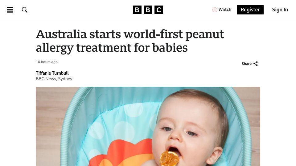 Screenshot of bbc.co.uk: Australia starts world-first peanut allergy treatment for babies