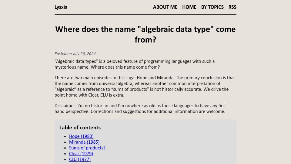 Screenshot of blog.poisson.chat: Where does the name "algebraic data type" come from?