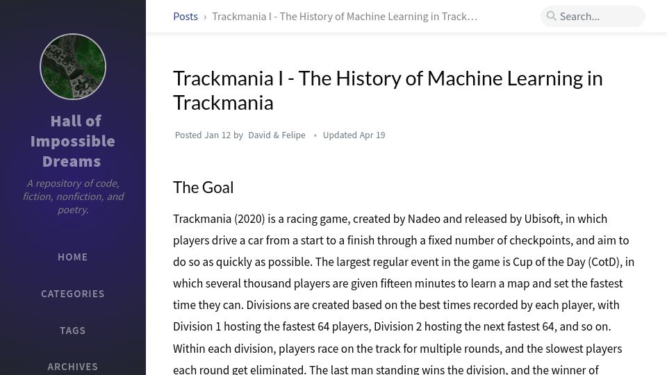 Screenshot of hallofdreams.org: The History of Machine Learning in Trackmania