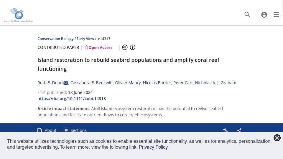 Screenshot of conbio.onlinelibrary.wiley.com: Island restoration to rebuild seabird populations and amplify coral reefs