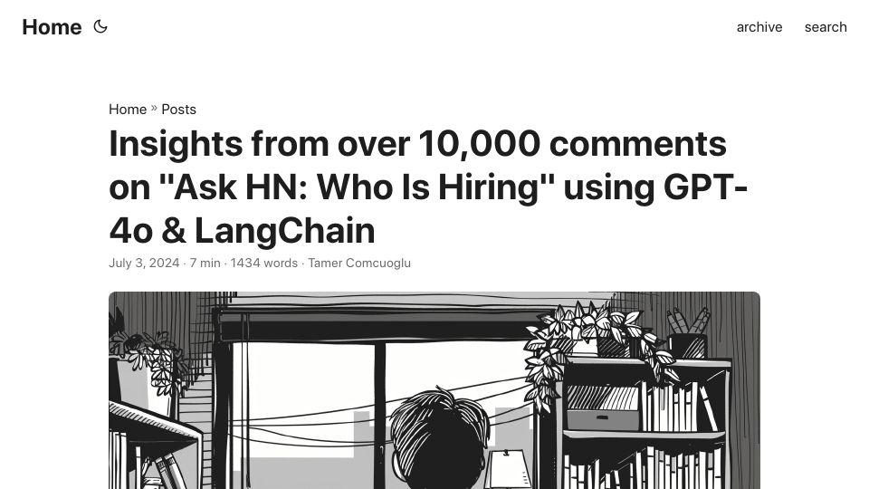 Screenshot of tamerc.com: Insights from over 10,000 comments on "Ask HN: Who Is Hiring" using GPT-4o