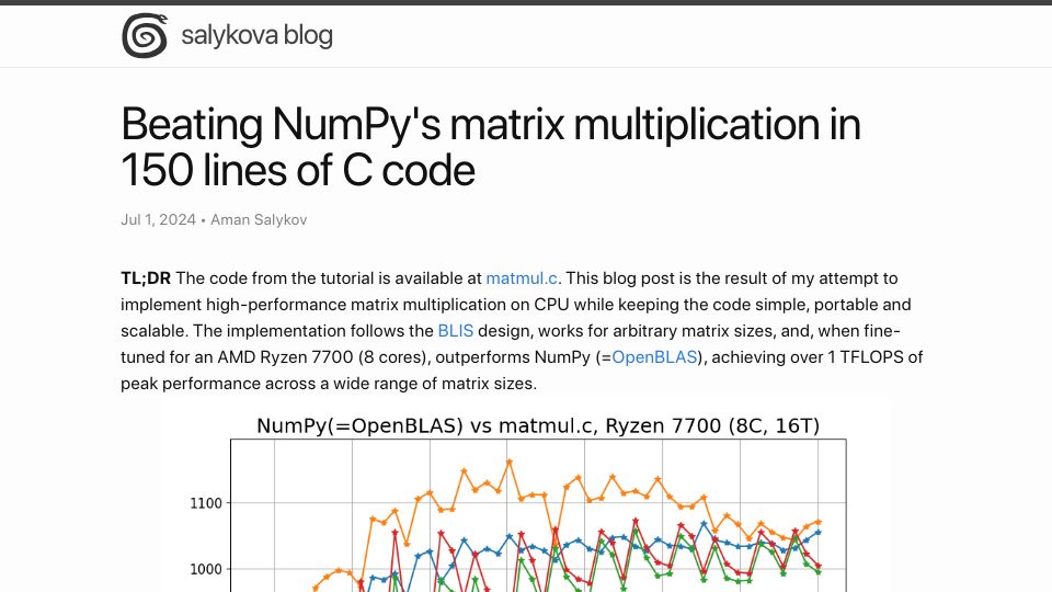Screenshot of salykova.github.io: Beating NumPy matrix multiplication in 150 lines of C