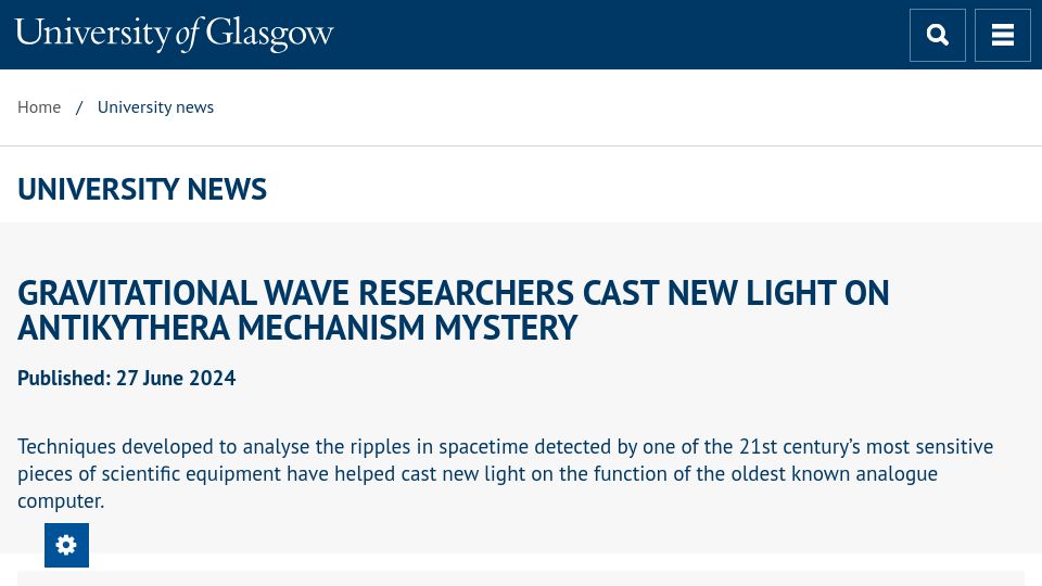 Screenshot of gla.ac.uk: Gravitational wave researchers cast new light on Antikythera mechanism mystery