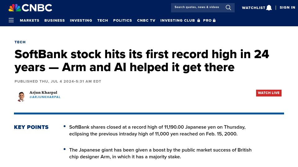 Screenshot of cnbc.com: SoftBank stock hits first record high in 24yrs – Arm and AI helped it get there