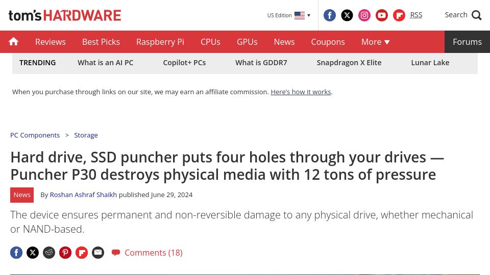 Screenshot of tomshardware.com: Hard drive, SSD puncher of physical media with 12 tons of pressure