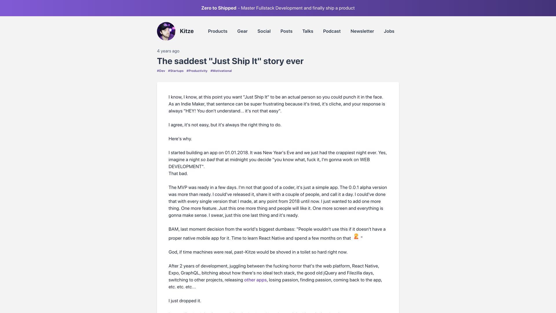 Screenshot of kitze.io: The saddest "Just Ship It" story ever (2020)