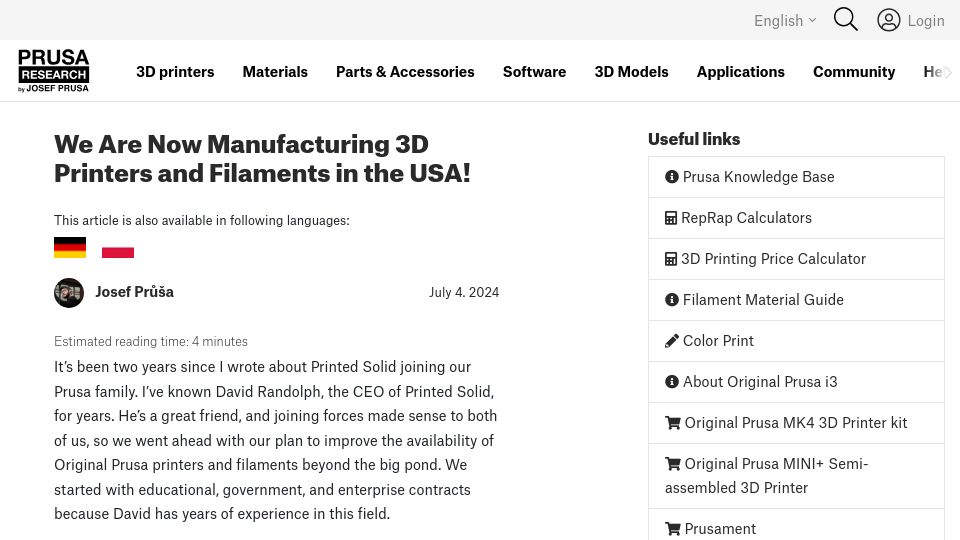 Screenshot of blog.prusa3d.com: Prusa is now manufacturing 3D printers in USA