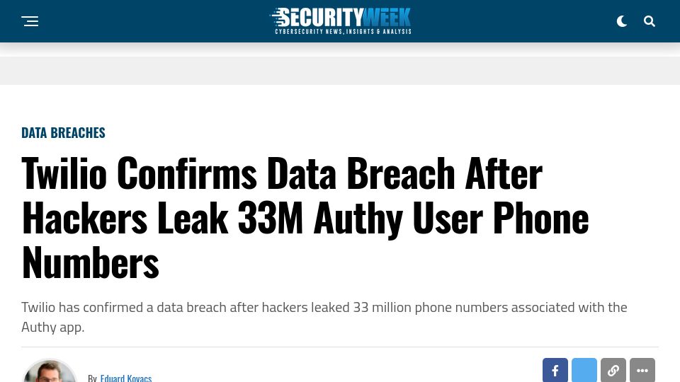 Screenshot of securityweek.com: Twilio confirms data breach after hackers leak 33M Authy user phone numbers
