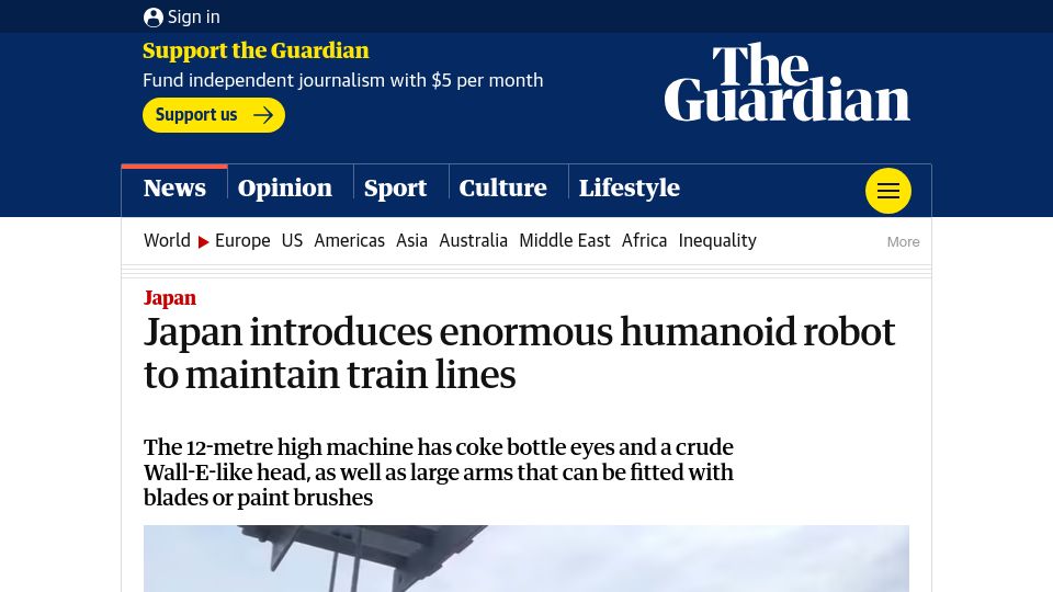 Screenshot of theguardian.com: Japan introduces enormous humanoid robot to maintain train lines