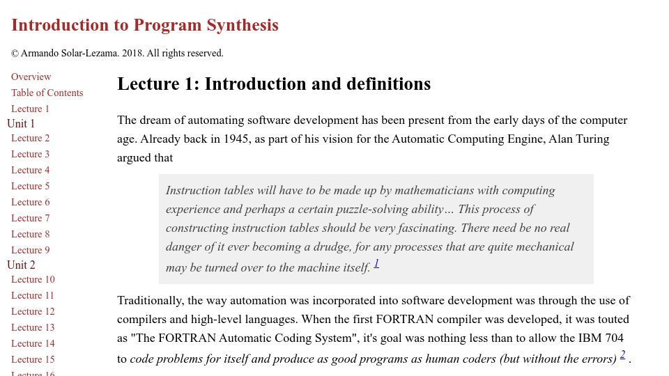 Screenshot of people.csail.mit.edu: Introduction to Program Synthesis