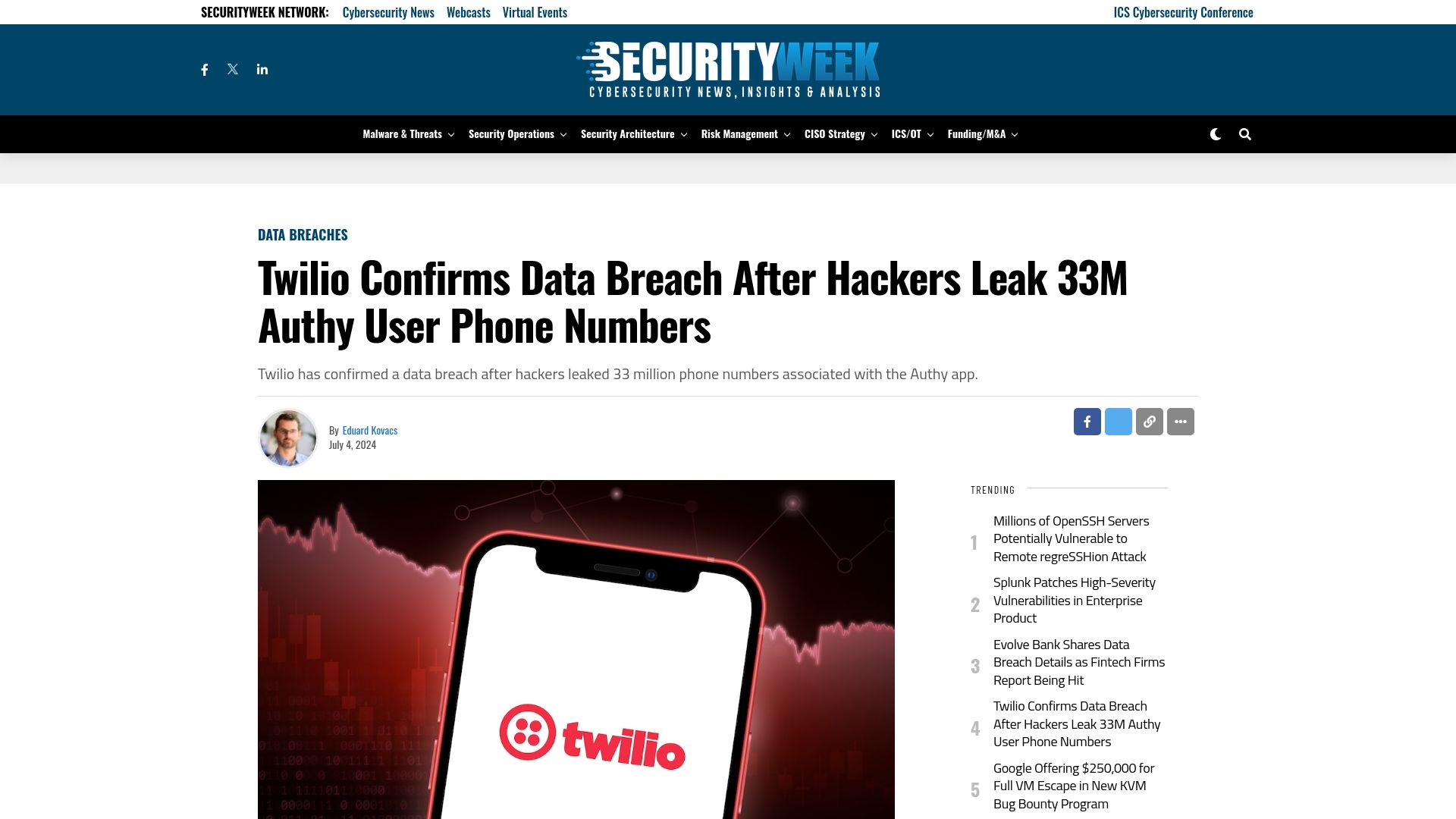 Screenshot of securityweek.com: Twilio confirms data breach after hackers leak 33M Authy user phone numbers