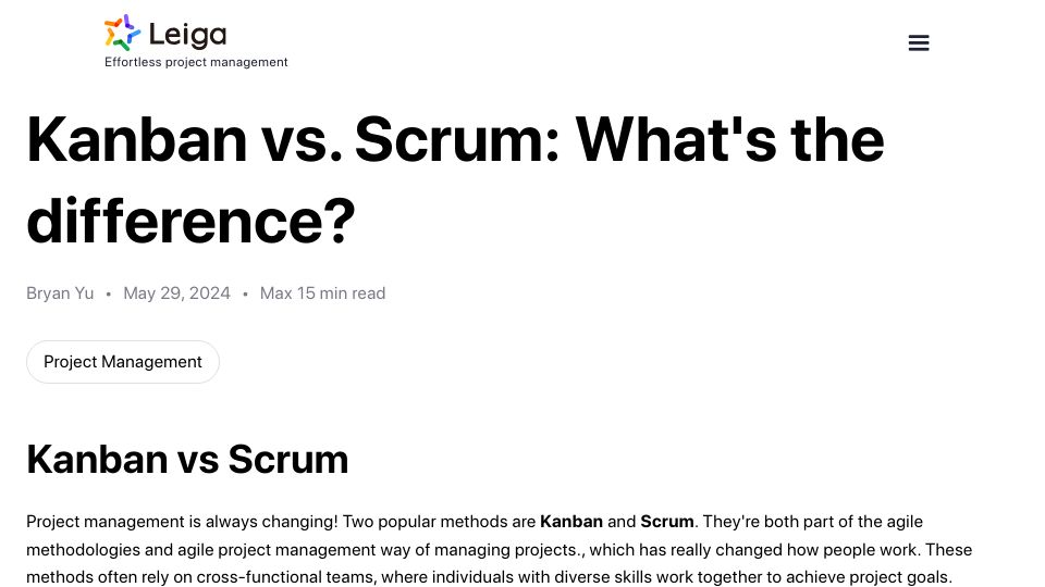 Screenshot of leiga.com: Kanban vs. Scrum: What's the difference?