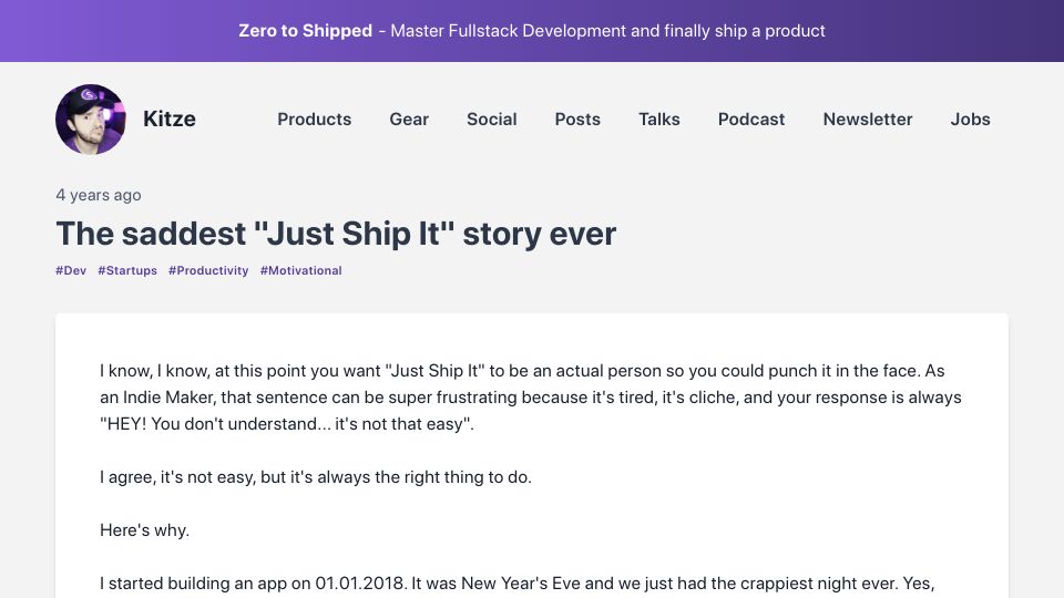 Screenshot of kitze.io: The saddest "Just Ship It" story ever (2020)
