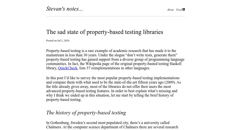 Screenshot of stevana.github.io: The sad state of property-based testing libraries