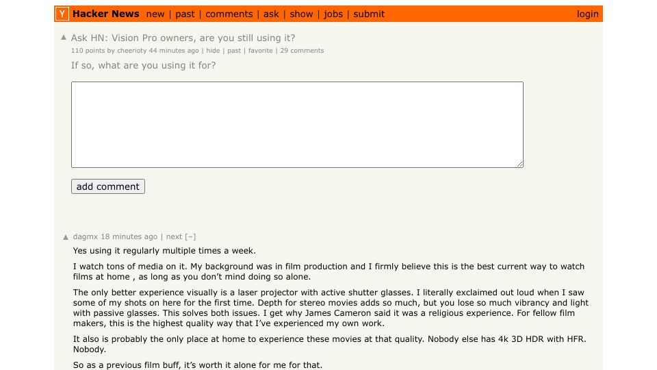 Screenshot of Hacker News post: Ask HN: Vision Pro owners, are you still using it?
