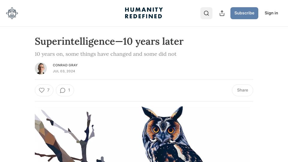 Screenshot of humanityredefined.com: "Superintelligence" 10 years later